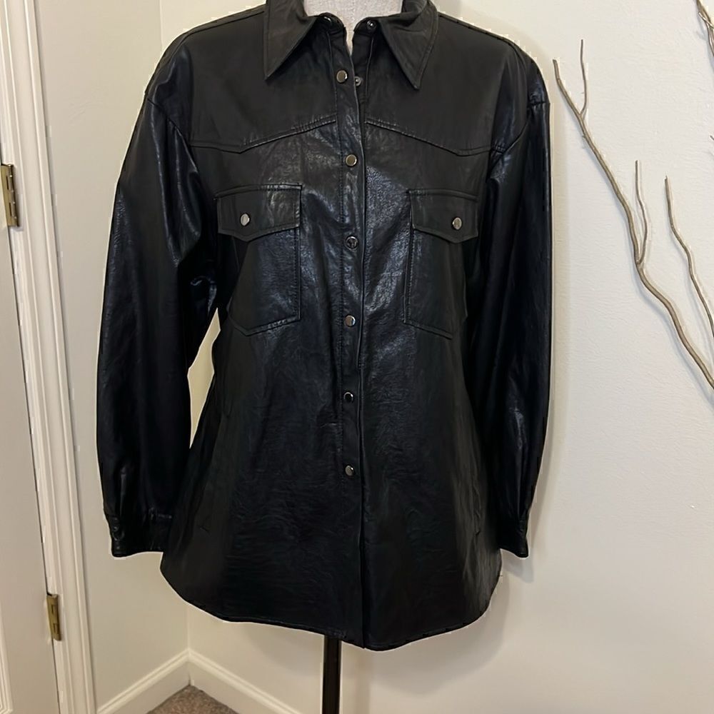Zara Black Faux Leather Overshirt. Size L Like New Condition